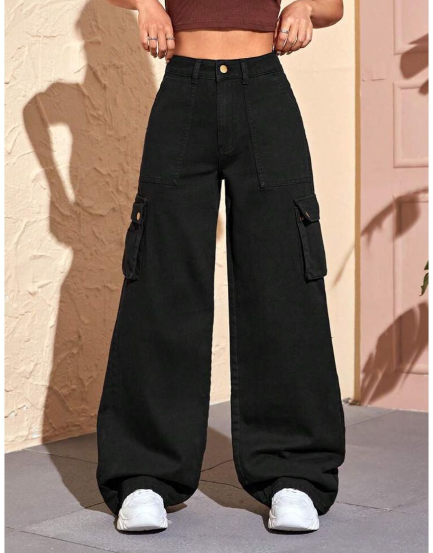 Wide Leg Flap Pocket Cargo Jeans Jet Black