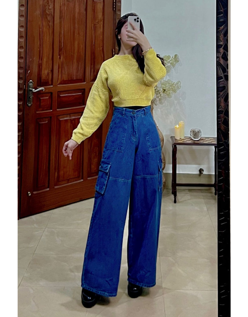 Wide Leg Flap Pocket Cargo Stone Blue
