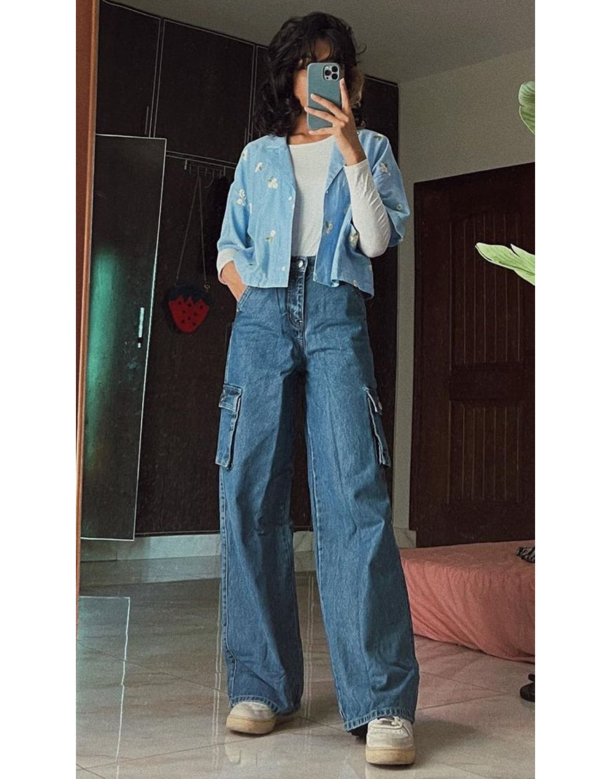 High Rise Wide Leg Cargo Jeans Stone Blue Minor Fault