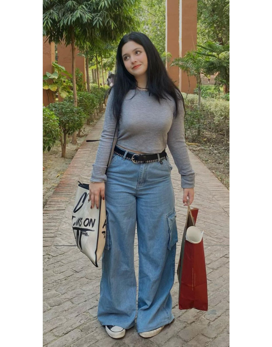 High Rise Wide Leg Cargo Jeans Medium Wash Minor Fault