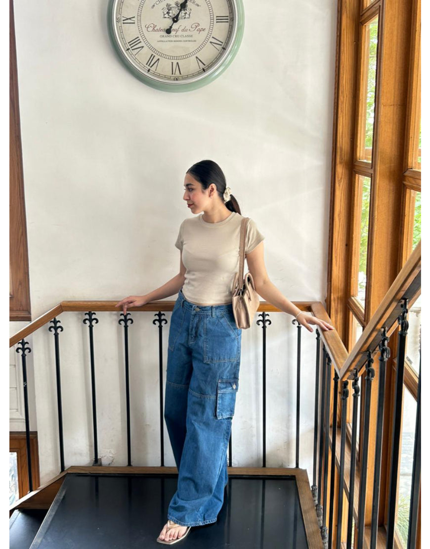 Wide Leg Flap Pocket Cargo Stone Blue