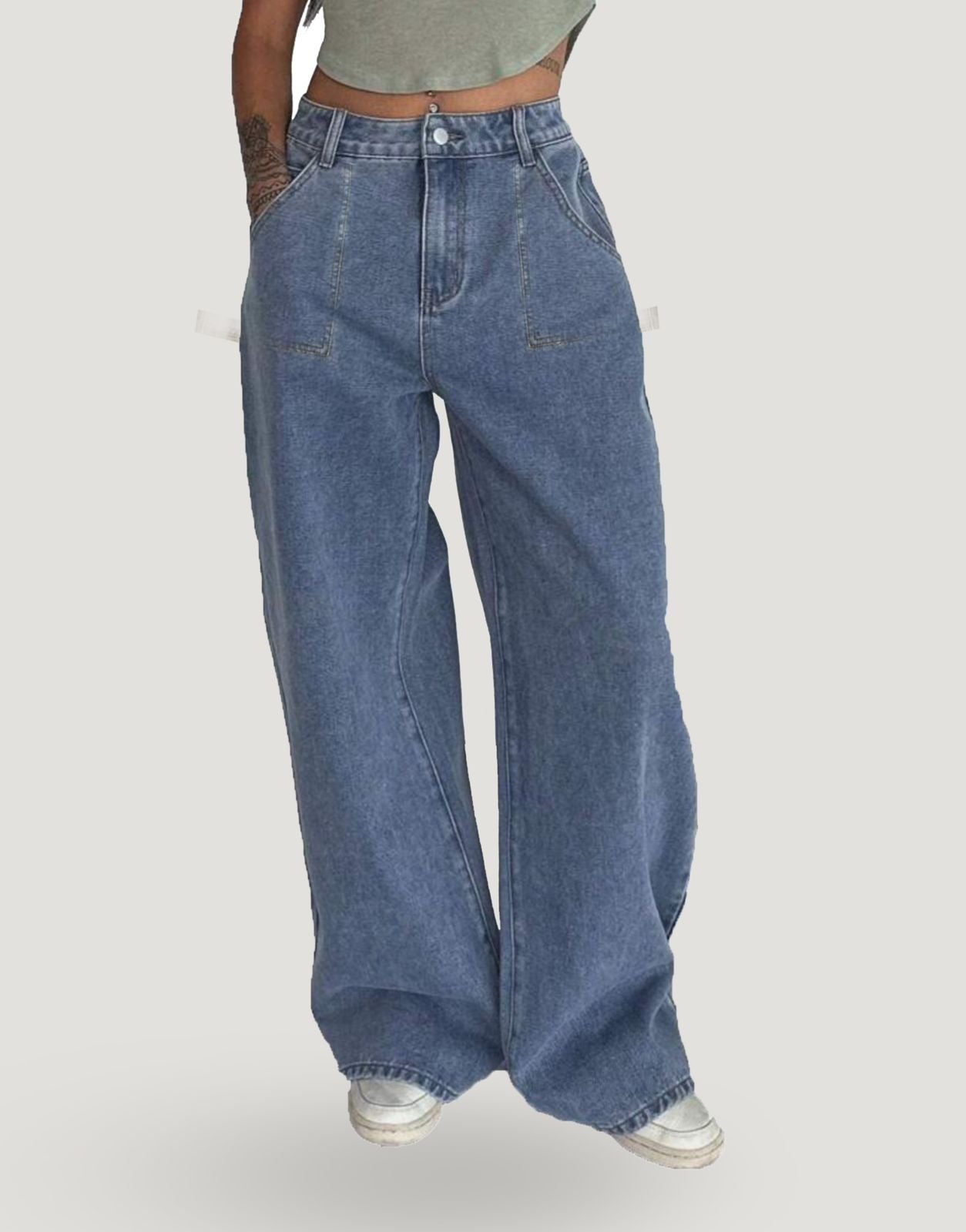 Wide Leg Flap Pocket Jeans Mid Blue