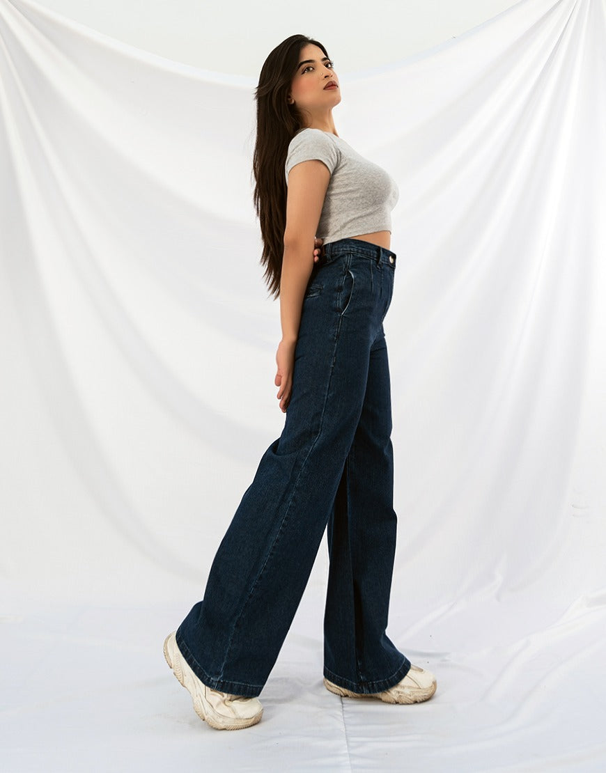 Wide Leg Pleated Jeans Dark Wash