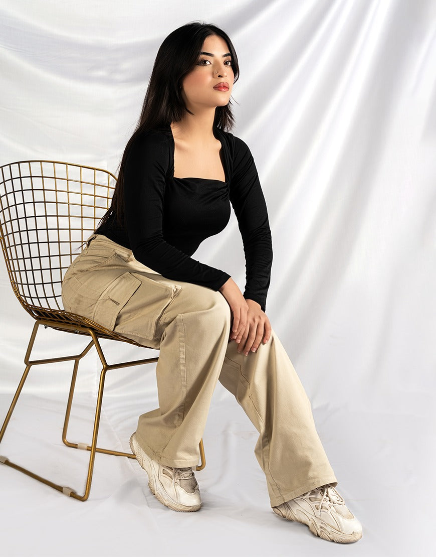 High Rise Wide Leg Cargo Twill Pants light Beige