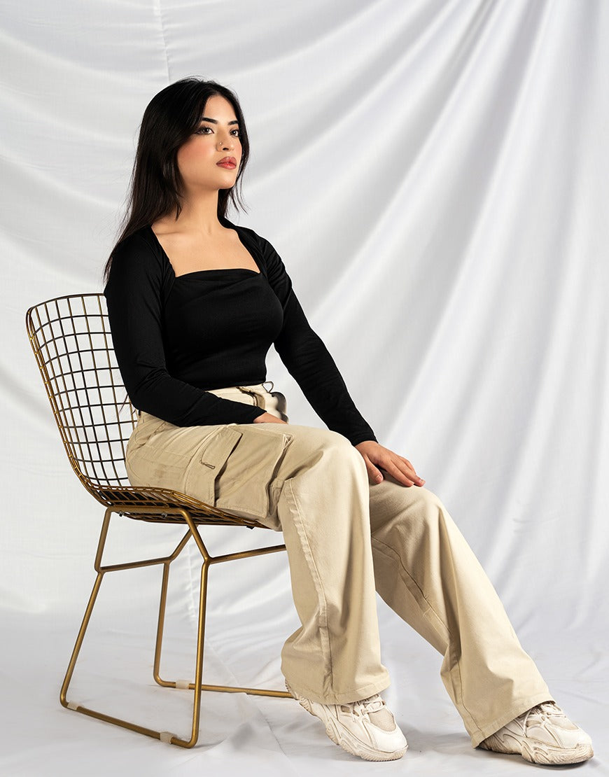 High Rise Wide Leg Cargo Twill Pants light Beige