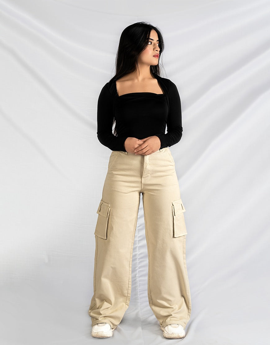 High Rise Wide Leg Cargo Twill Pants light Beige