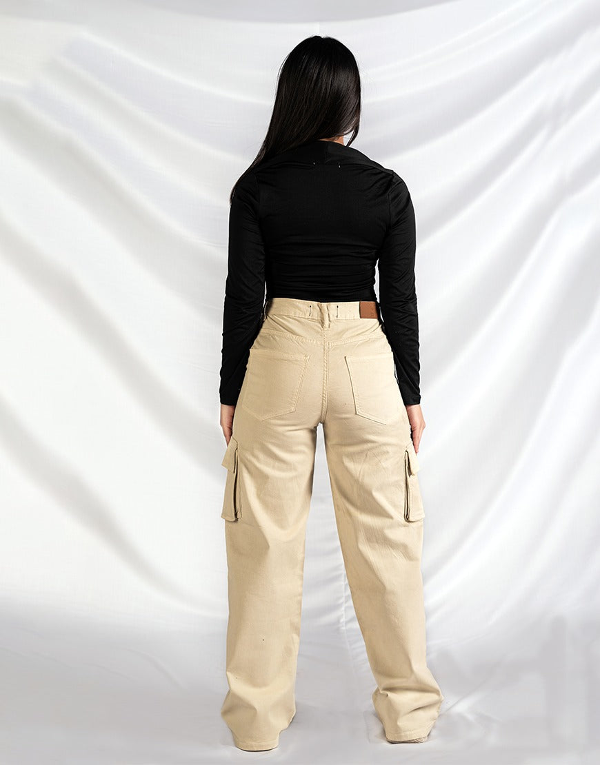 High Rise Wide Leg Cargo Twill Pants light Beige
