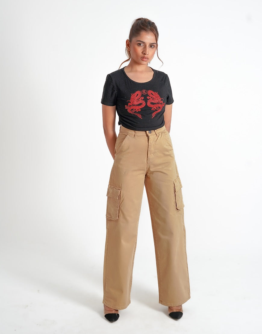 High Rise Wide Leg Cargo Twill Pants Beige