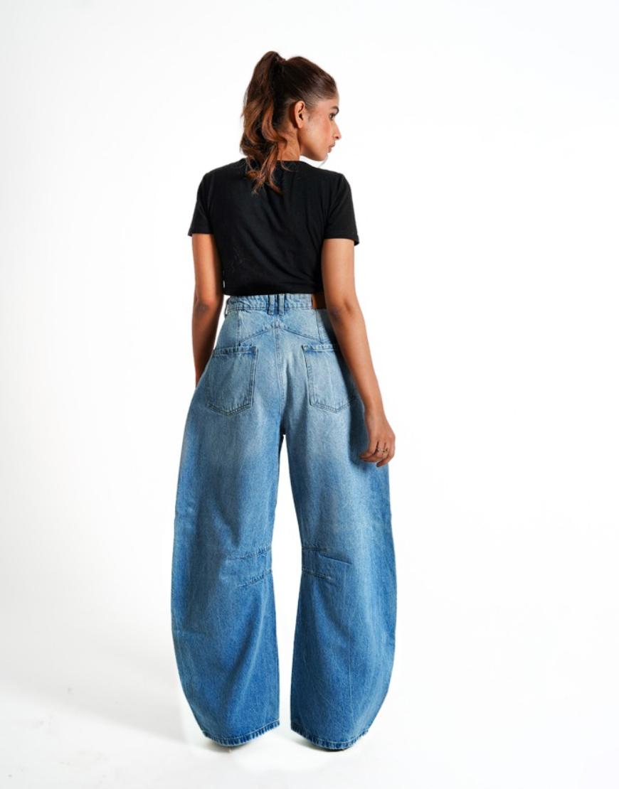 High Rise Mid Wash Barrel Jeans