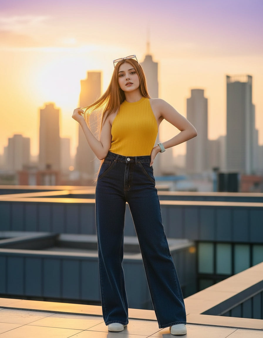 High Rise Wide Leg Cross Pocket Jeans Navy Blue Minor Fault