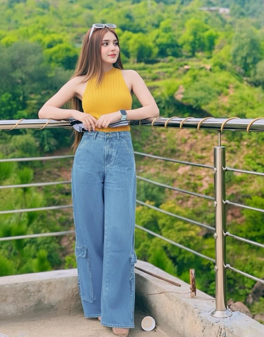 Super Wide Leg Cargo Jeans Mid Wash Minor Fault