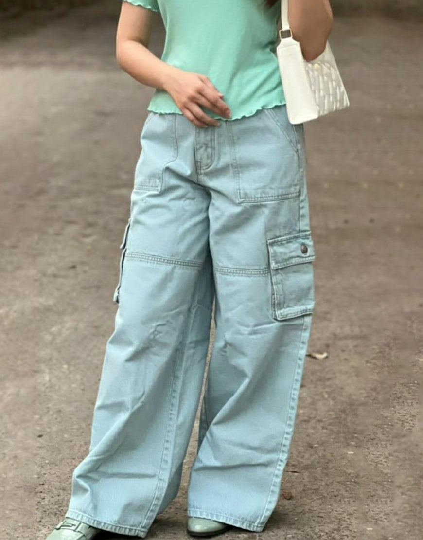 High Rise Wide Leg Flap Pocket Cargo Jeans Light Wash