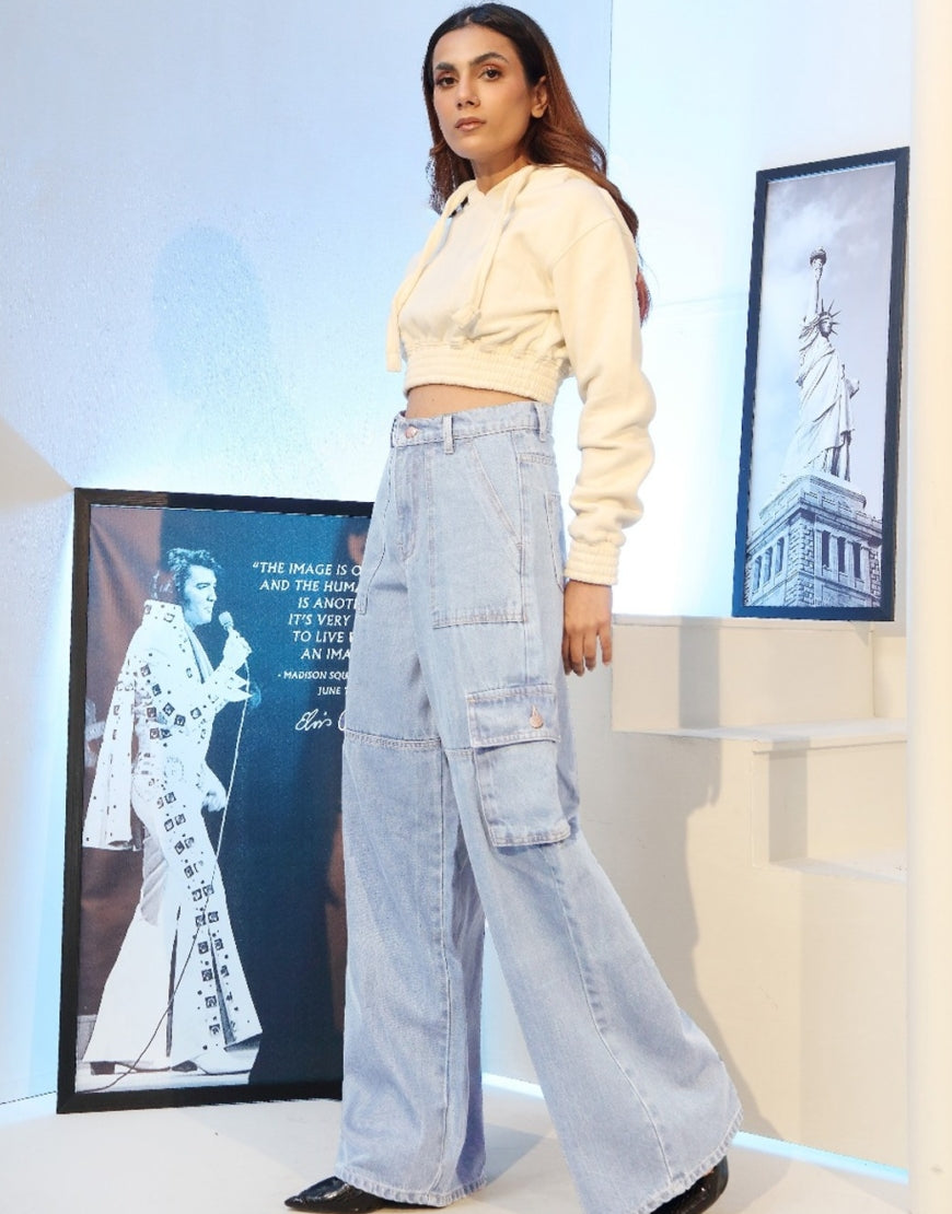 High Rise Wide Leg Flap Pocket Cargo Jeans Light Wash