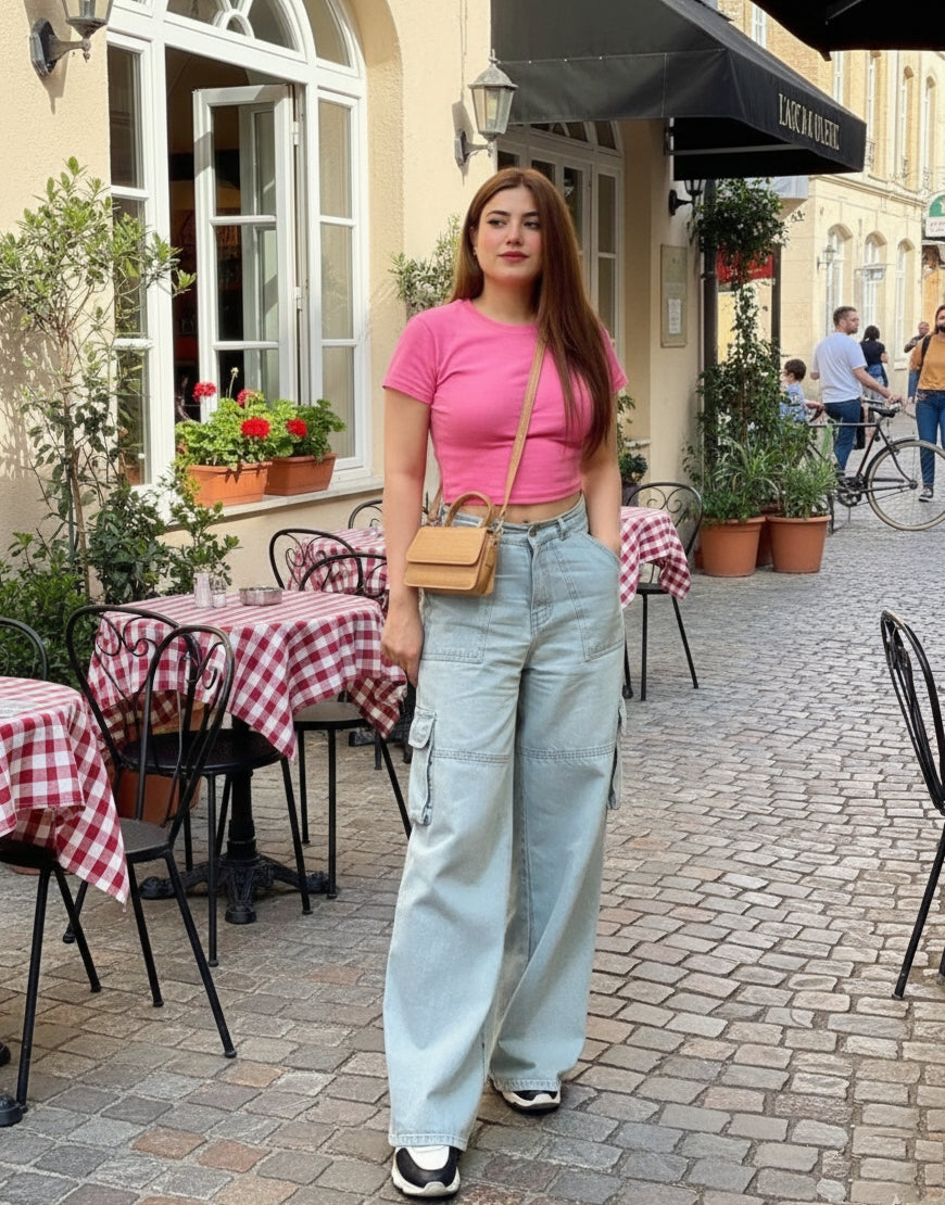 High Rise Wide Leg Flap Pocket Cargo Jeans Light Wash