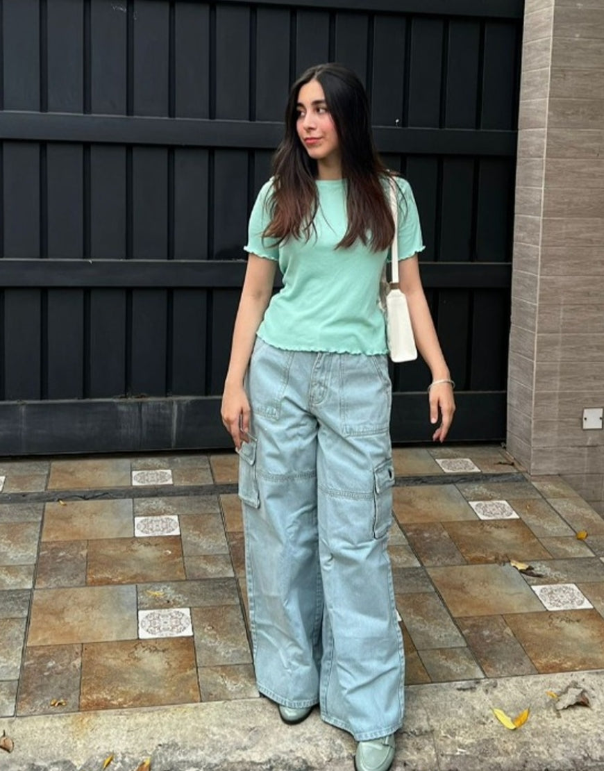 High Rise Wide Leg Flap Pocket Cargo Jeans Light Wash