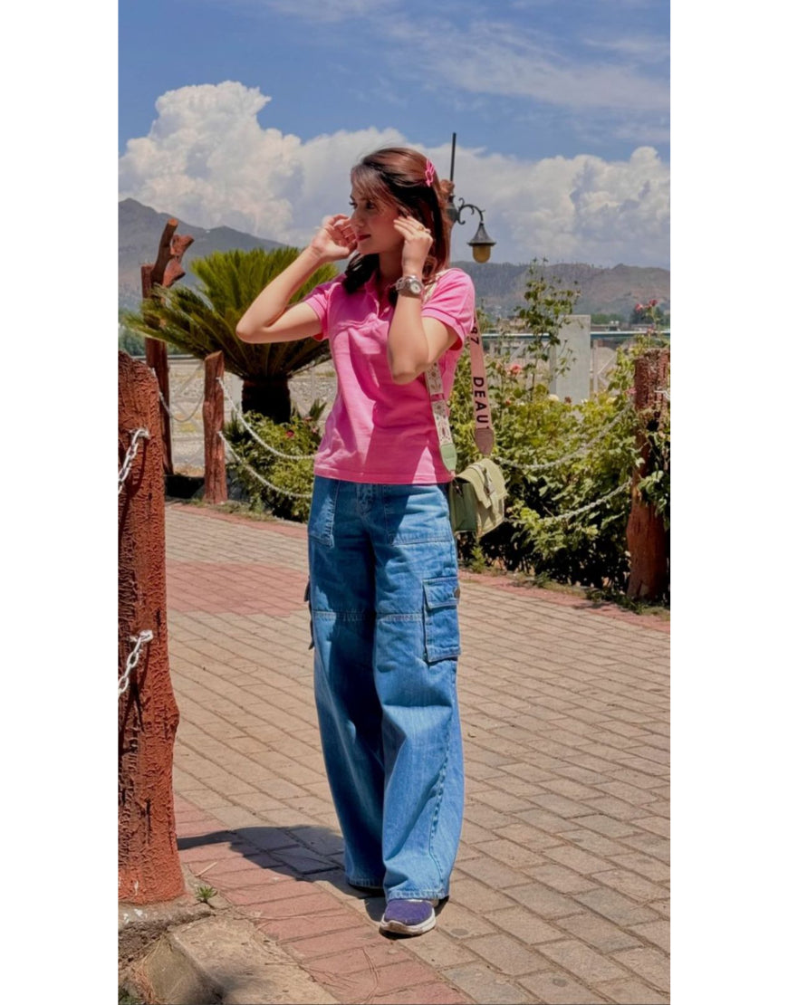 Wide Leg Flap Pocket Cargo Stone Blue