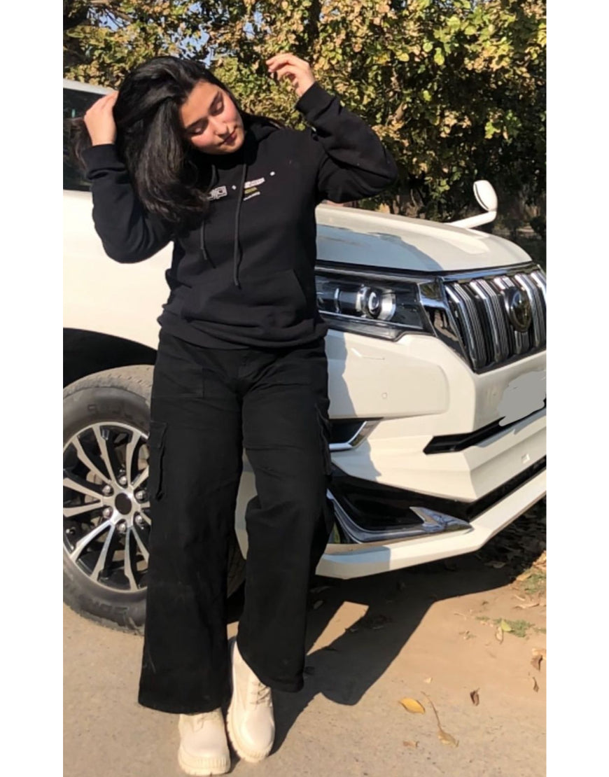 Wide Leg Flap Pocket Cargo Jeans Jet Black