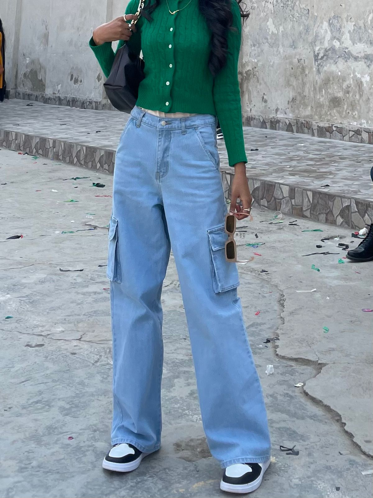 High Rise Wide Leg Cargo Jeans Medium Wash Minor Fault