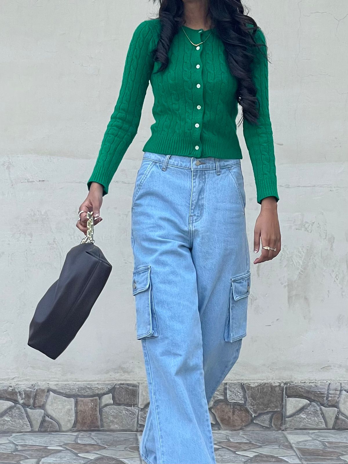 High Rise Wide Leg Cargo Jeans Medium Wash