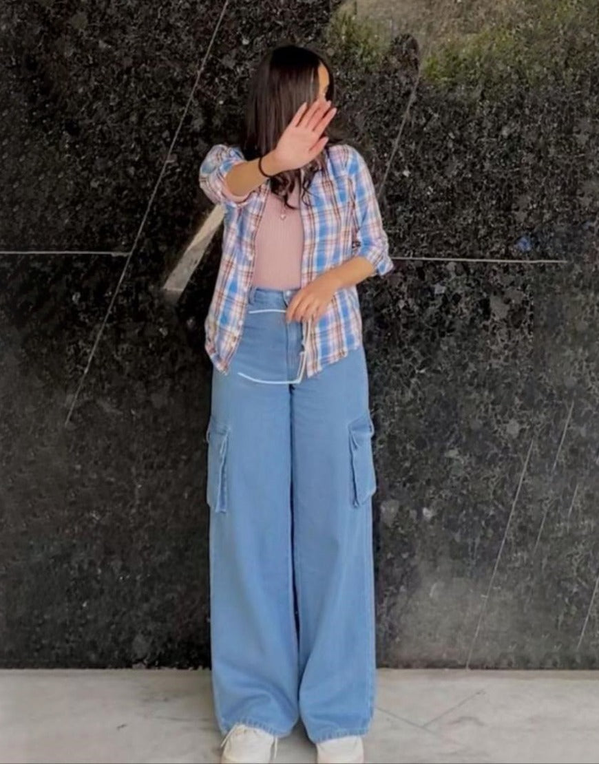 High Rise Wide Leg Cargo Jeans Medium Wash Minor Fault