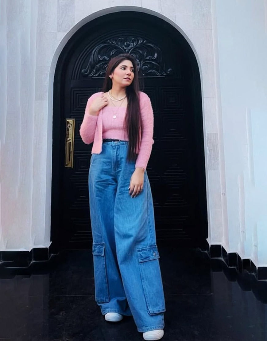 Super Wide Leg Cargo Jeans Dark Wash