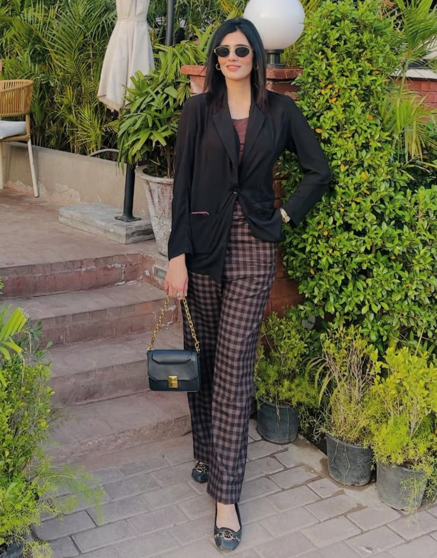 Quiet Strength (Wide Leg Pleated Checked Dress Pant Brown)