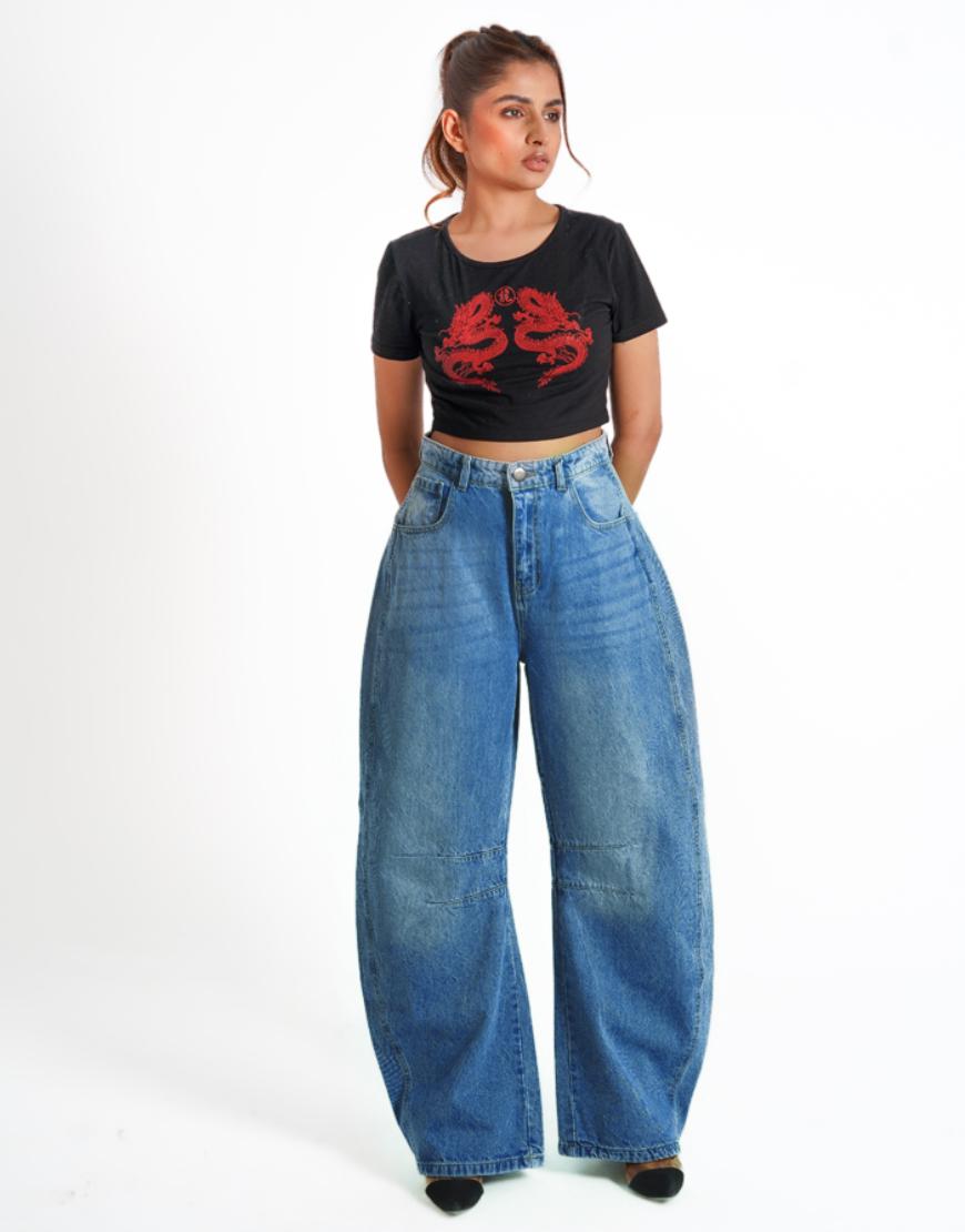 High Rise Mid Wash Barrel Jeans