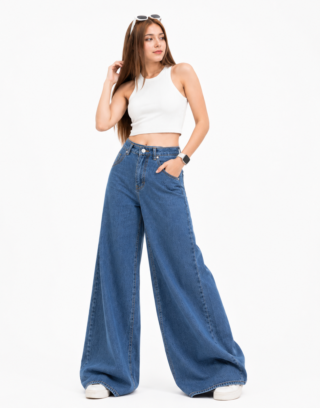 High Rise Cross Pocket Wide Leg Jeans Dark Blue
