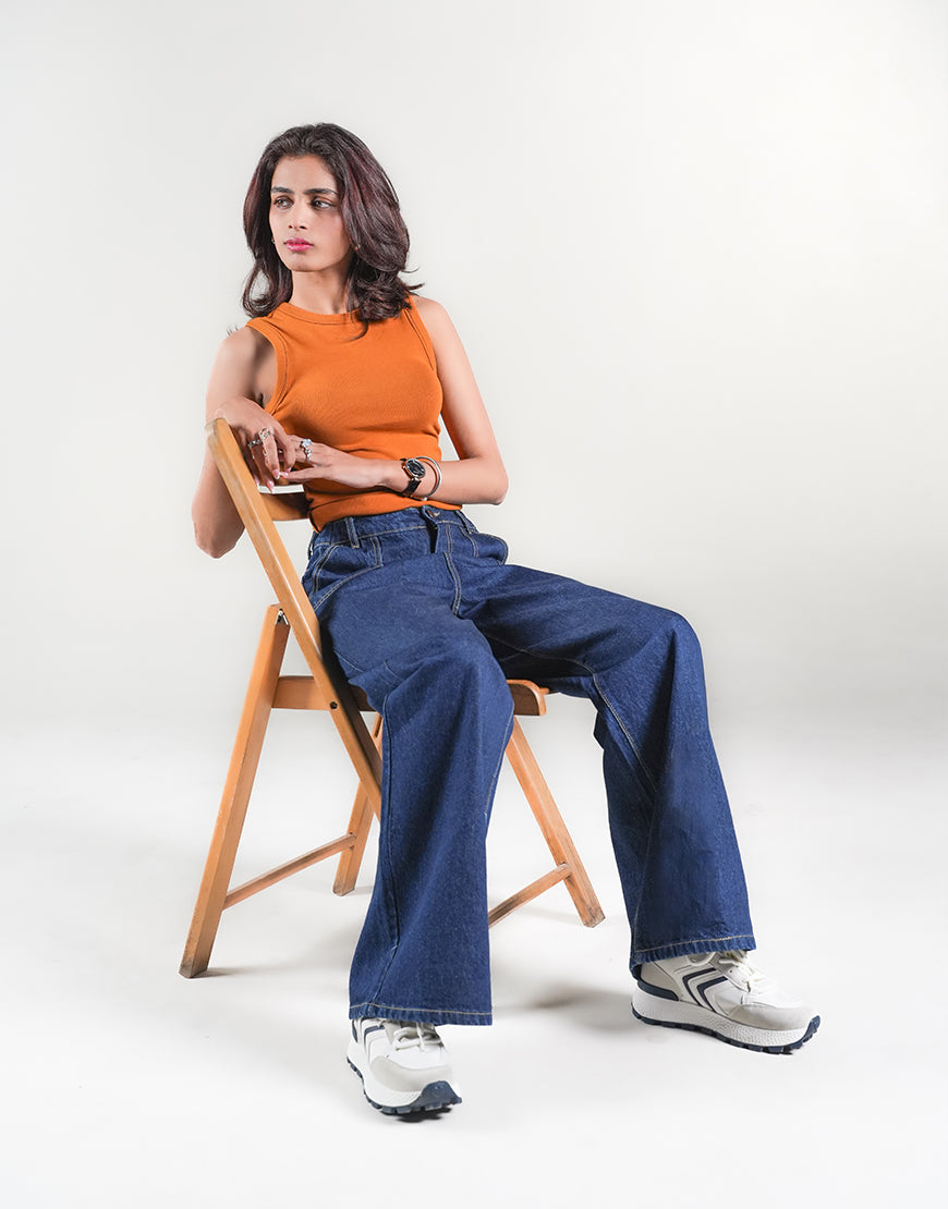 HIGH RISE WIDE LEG FLAP POCKET JEANS STONE BLUE