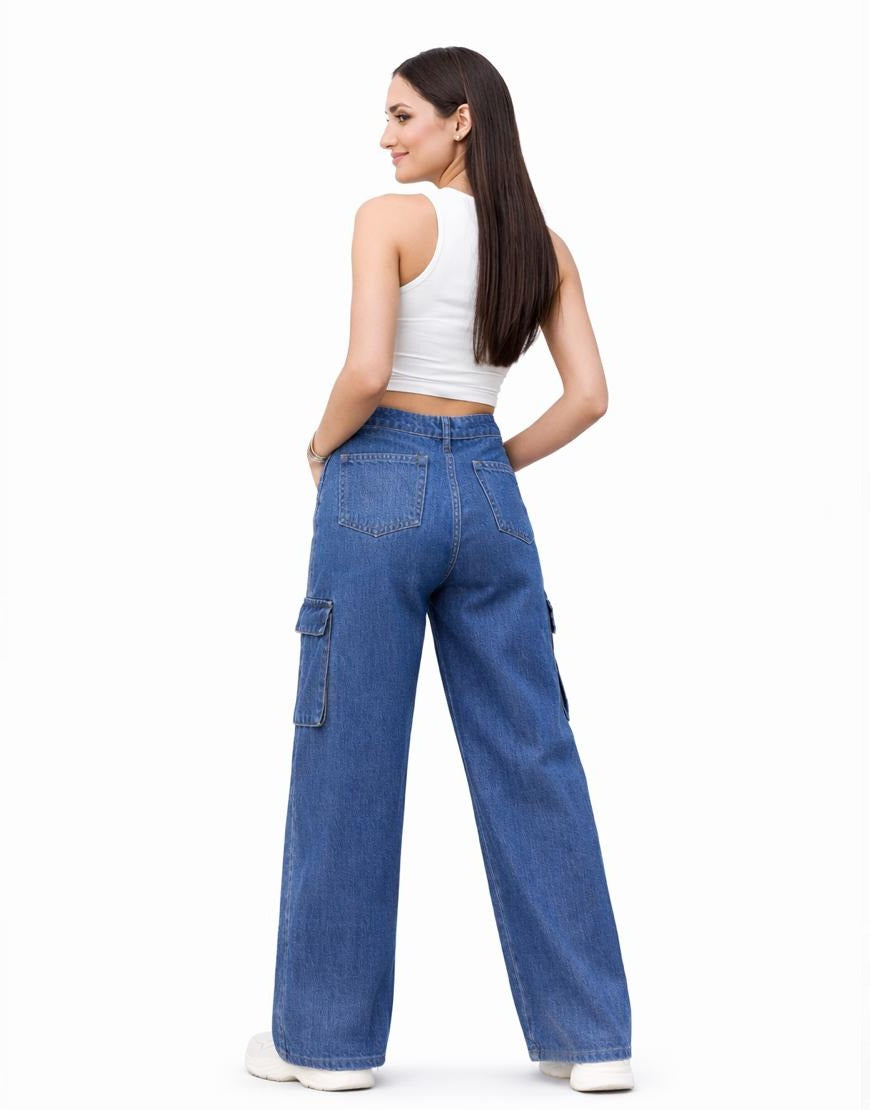 High Rise Wide Leg Cargo Jeans Stone Blue