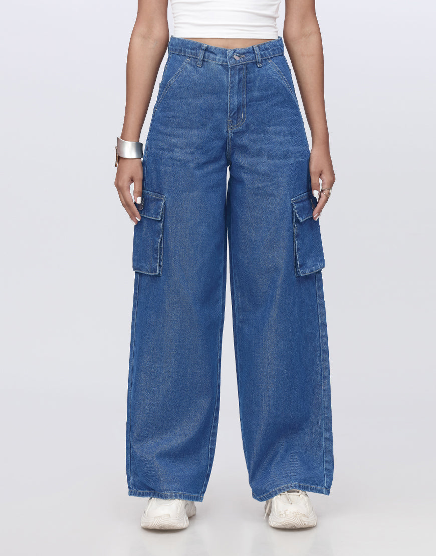 High Rise Wide Leg Cargo Jeans Stone Blue