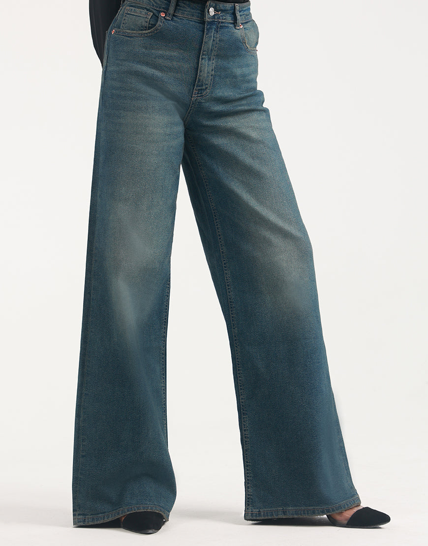 High Rise Wide Leg Faded Jeans Dark Wash