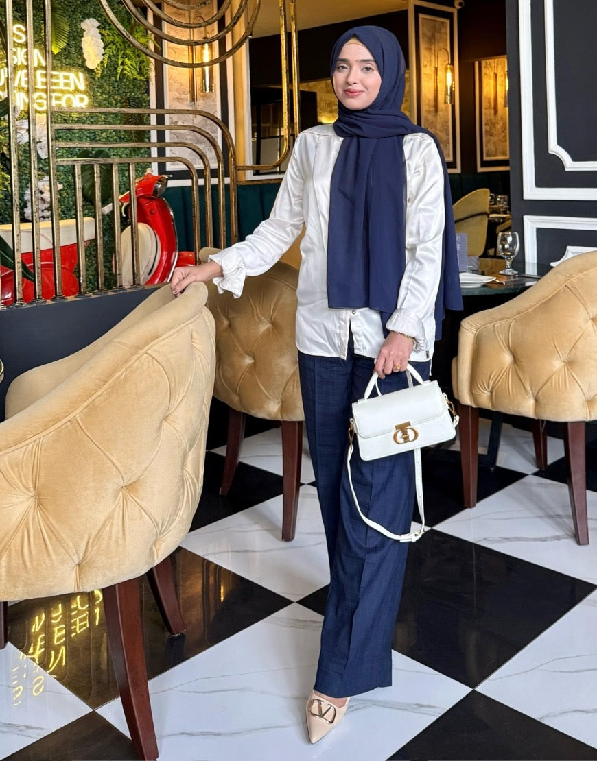 Stormproof (Wide Leg Checked Dress Pant Navy Blue)