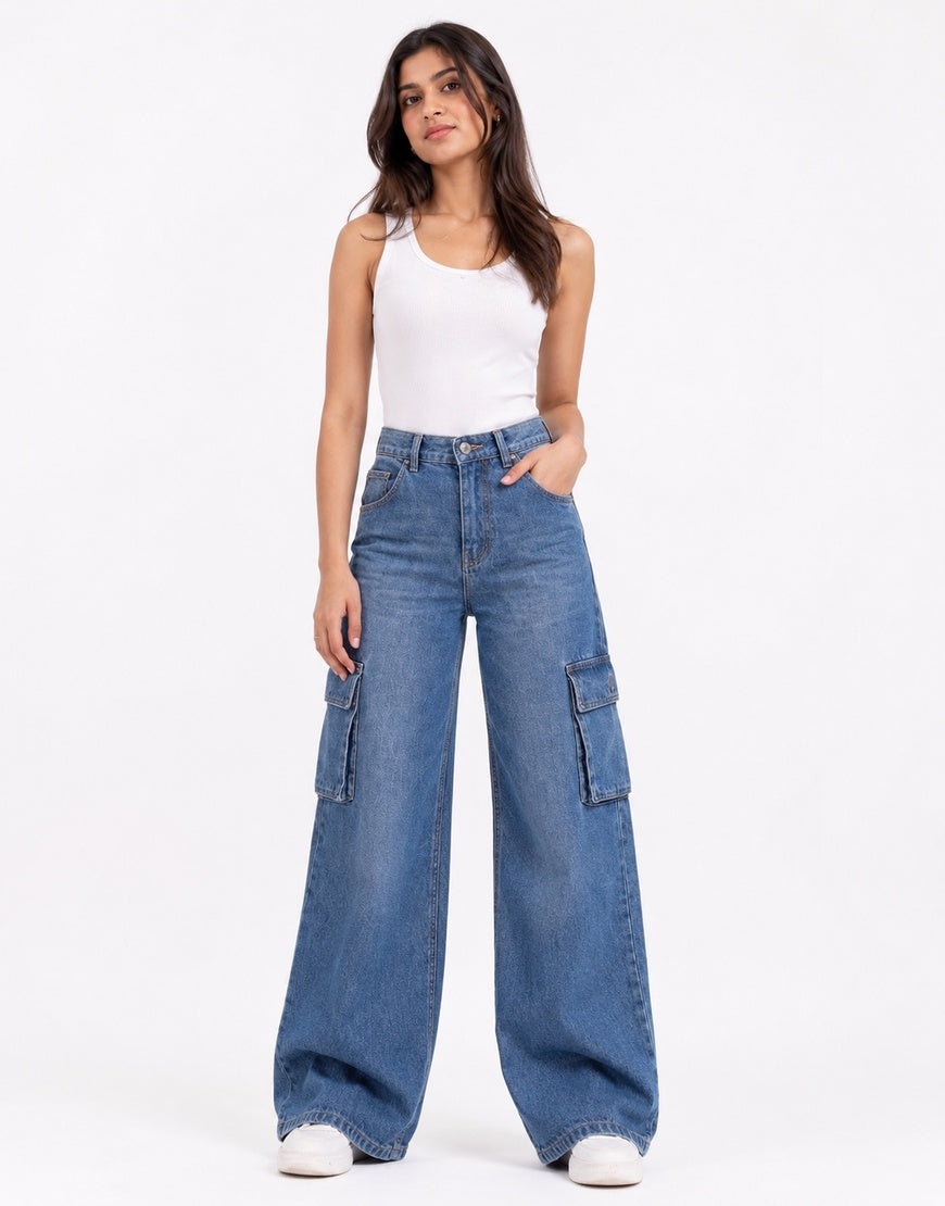 High Rise Wide Leg Cargo Jeans Medium Wash
