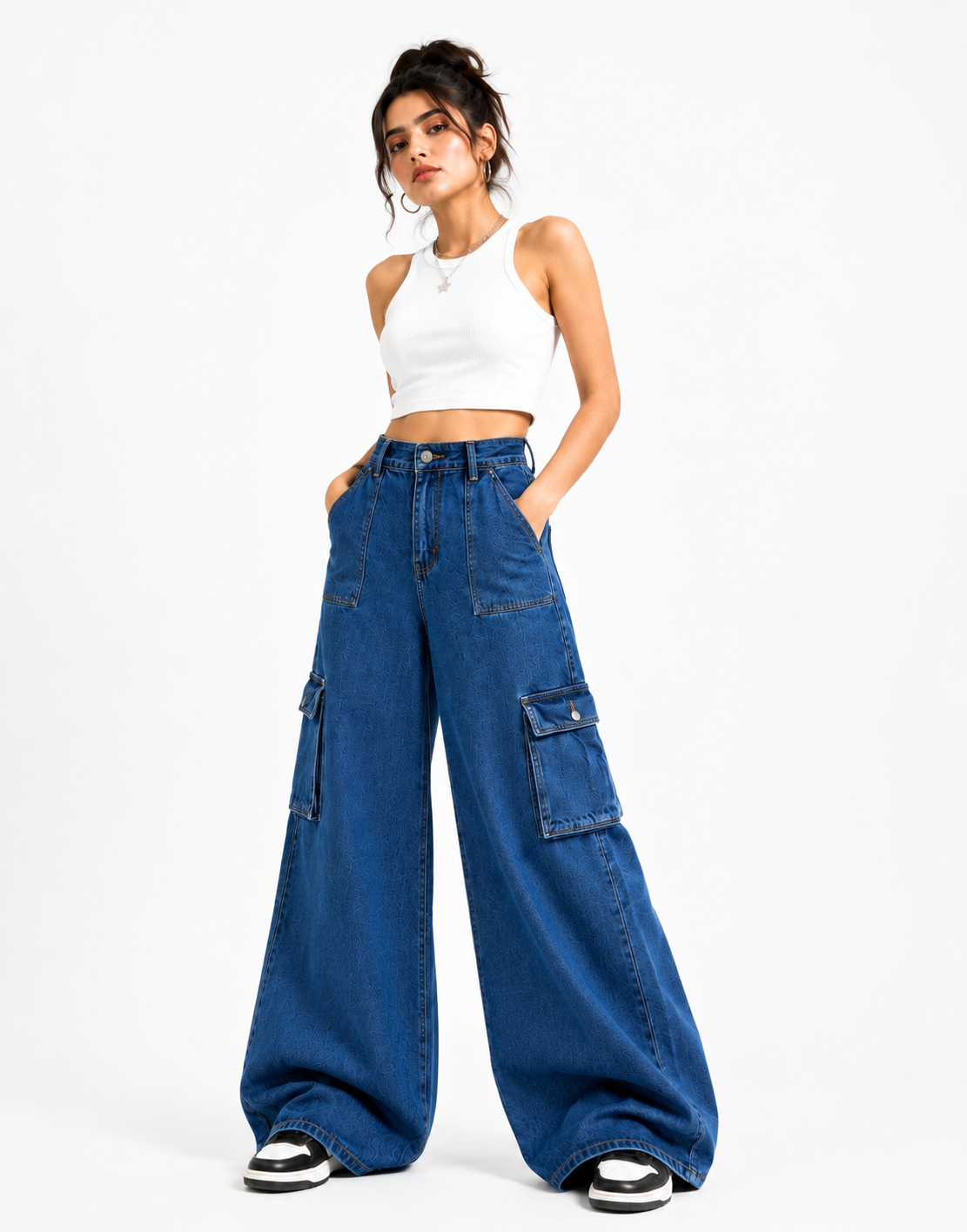 Wide Leg Flap Pocket Cargo Jeans Navy Blue