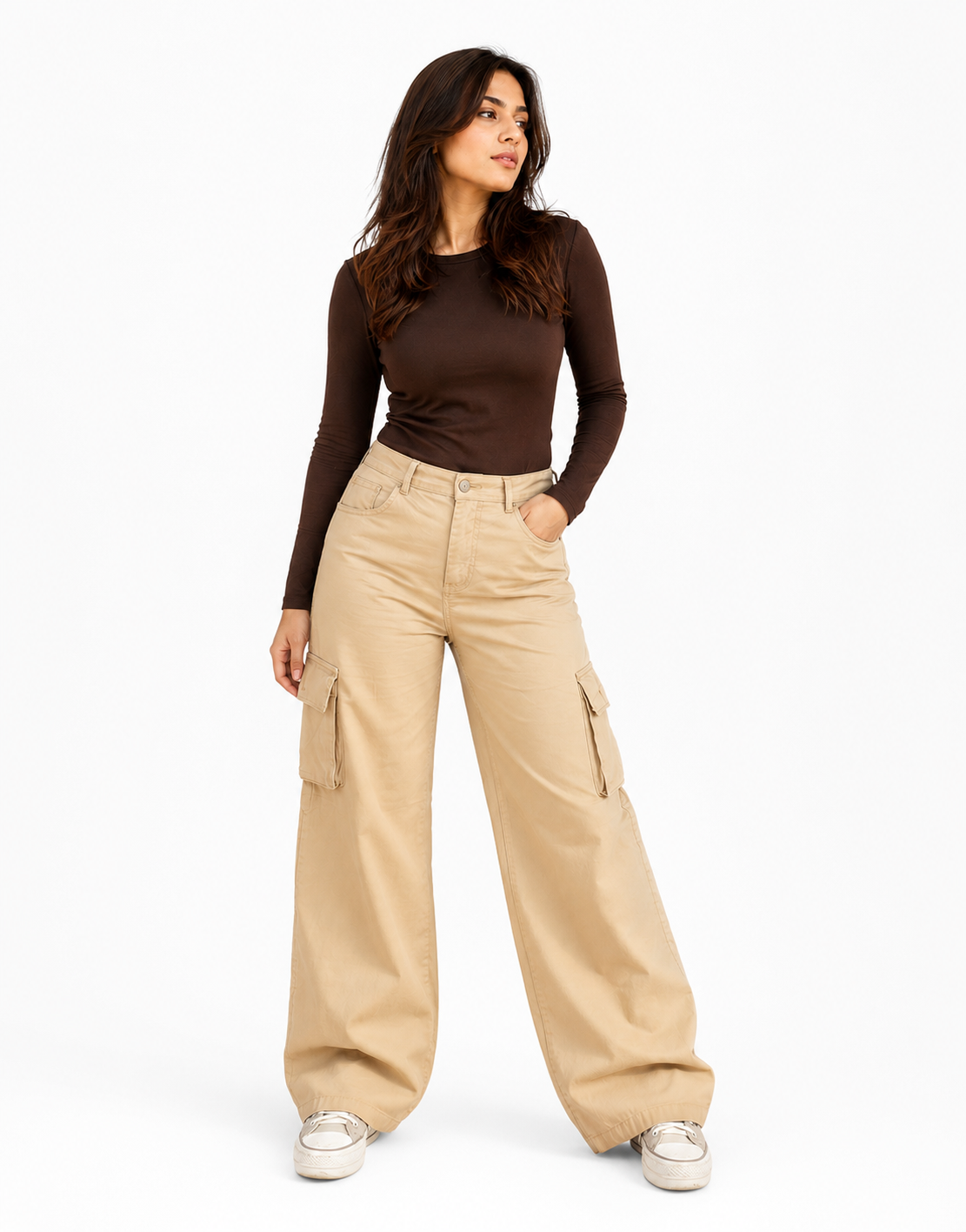 High Rise Wide Leg Cargo Twill Pants Beige