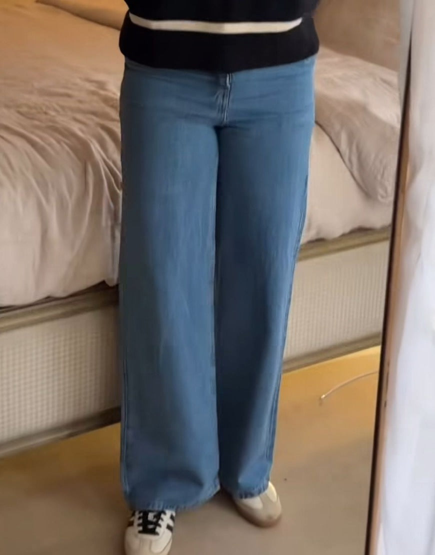 High Rise Wide Leg Cross Pocket Jeans Mid Wash