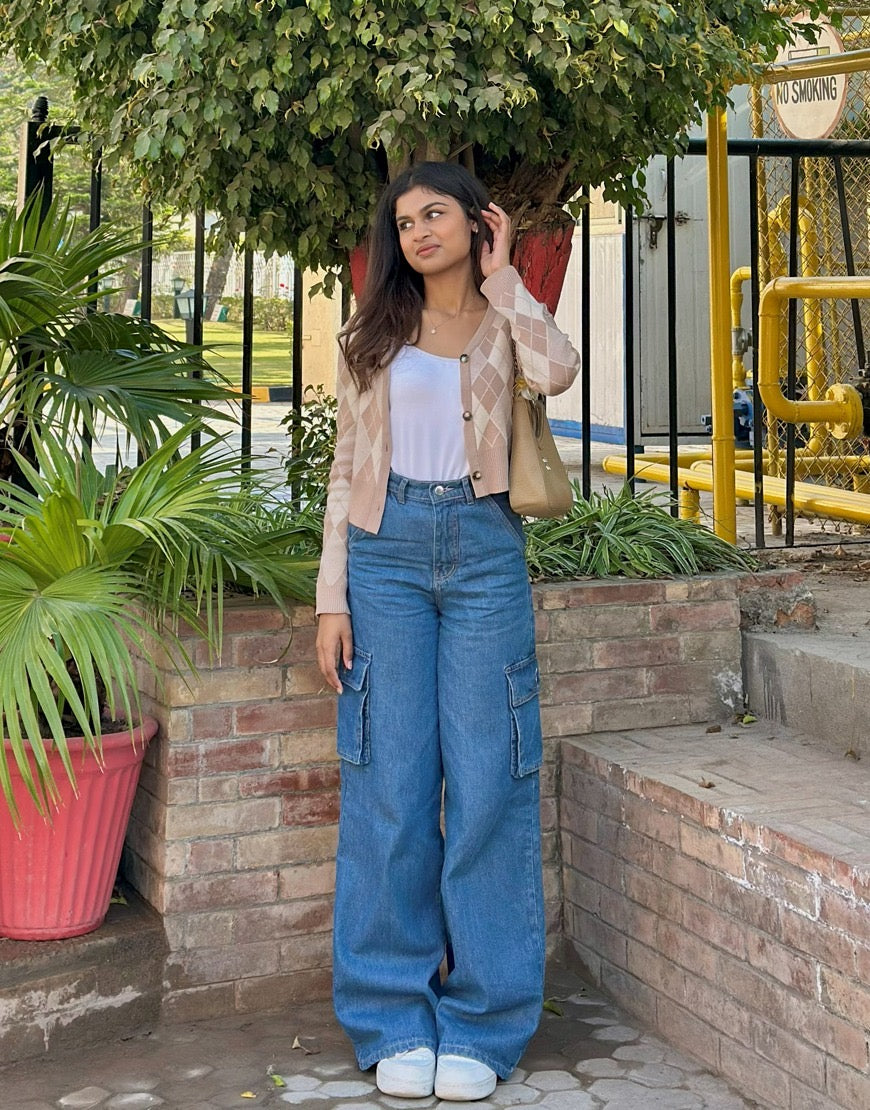 High Rise Wide Leg Cargo Jeans Medium Wash