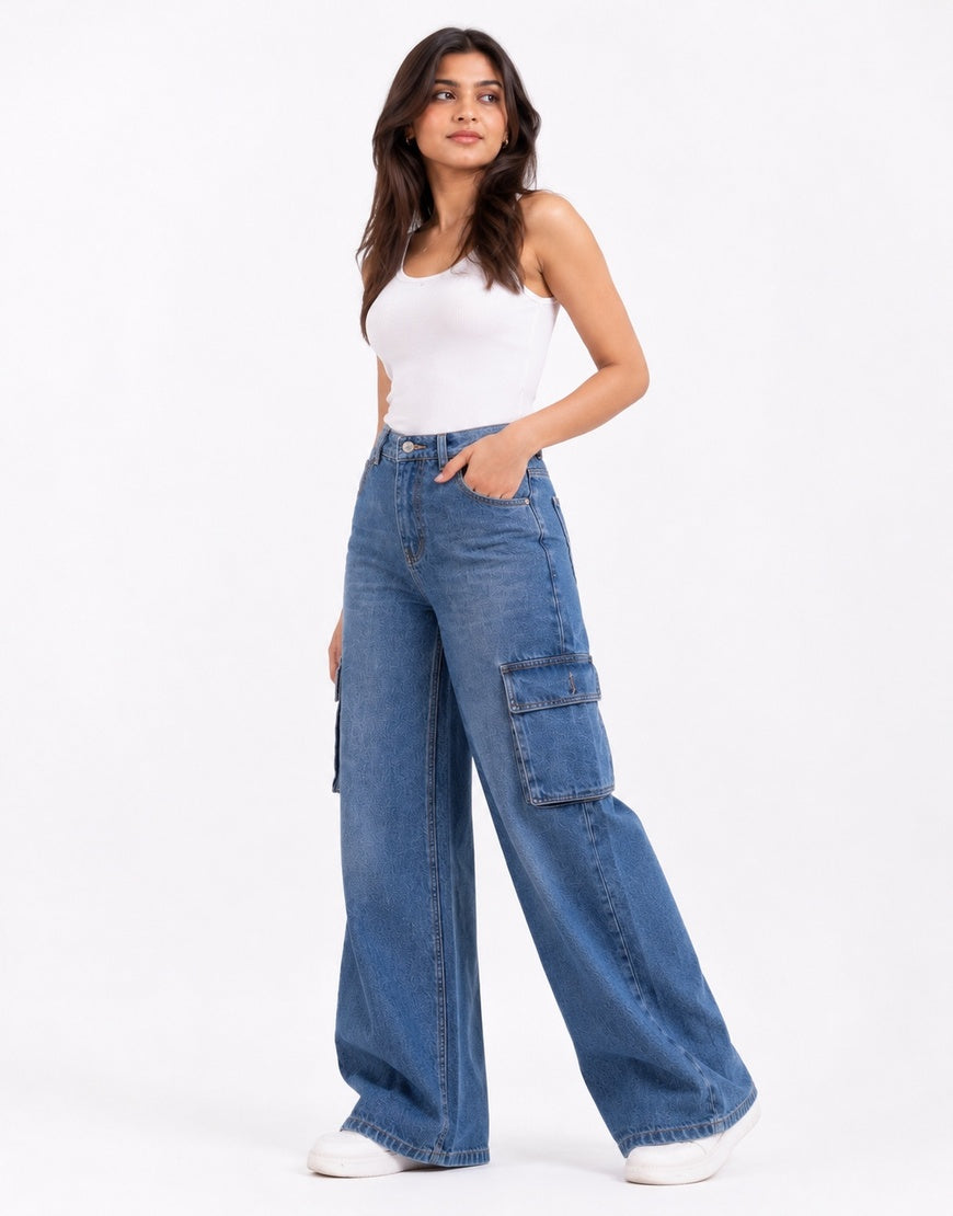High Rise Wide Leg Cargo Jeans Medium Wash