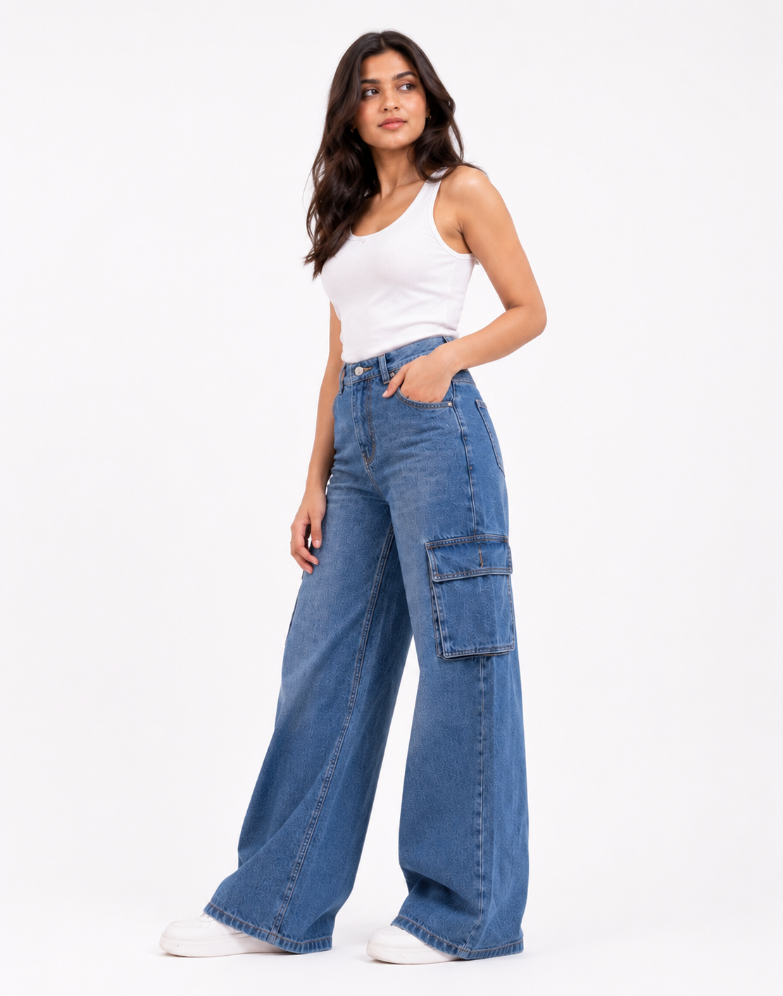 High Rise Wide Leg Cargo Jeans Medium Wash