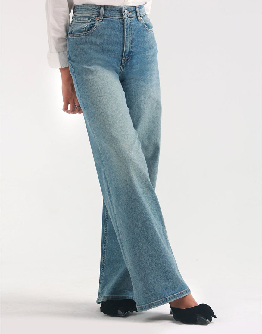 High Rise Wide Leg Faded Jeans Light Wash