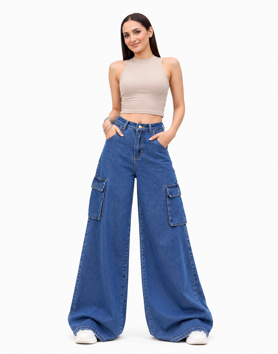 Super High Rise Wide Leg Cargo Jeans Stone Blue
