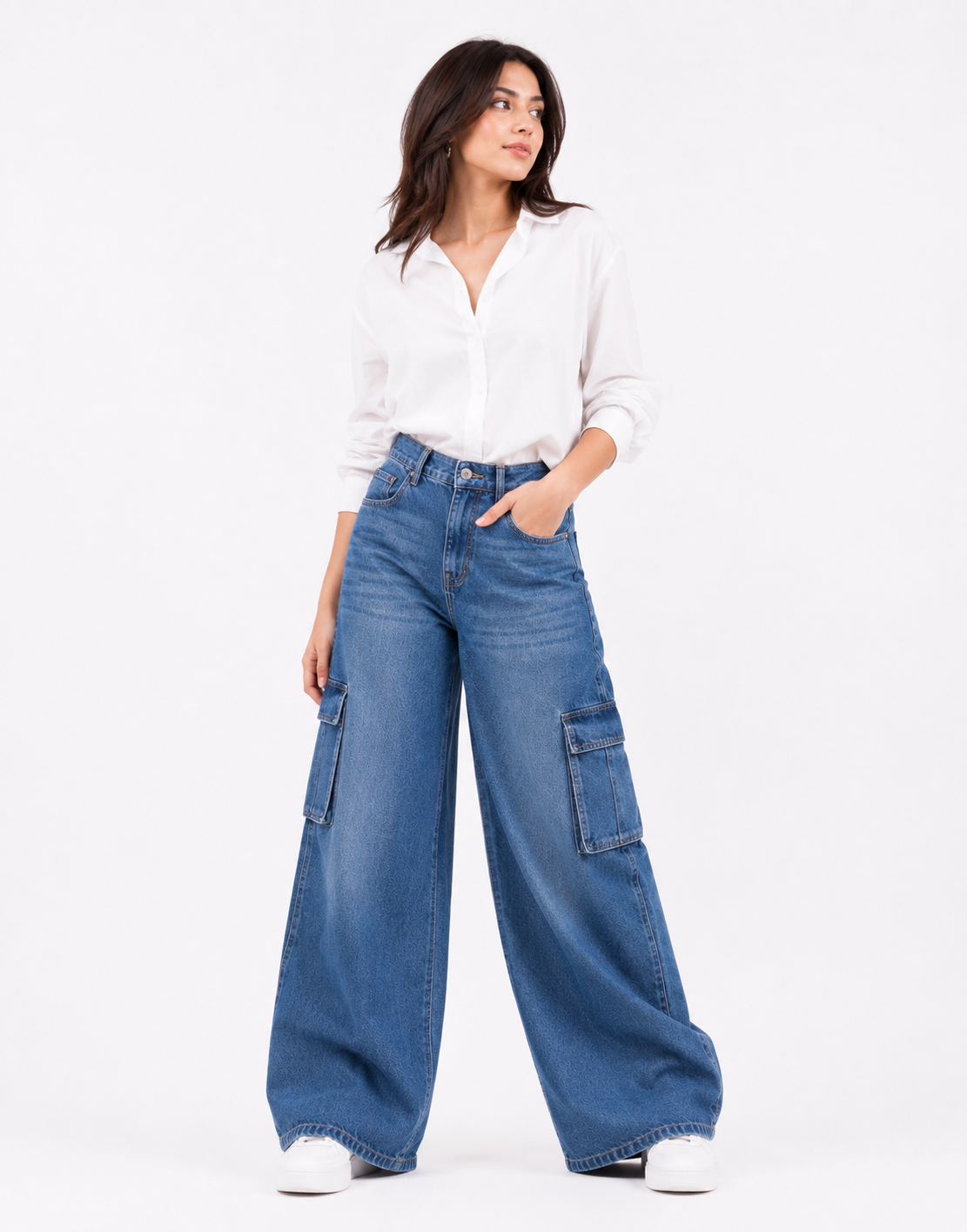 High Rise Wide Leg Cargo Jeans Medium Wash
