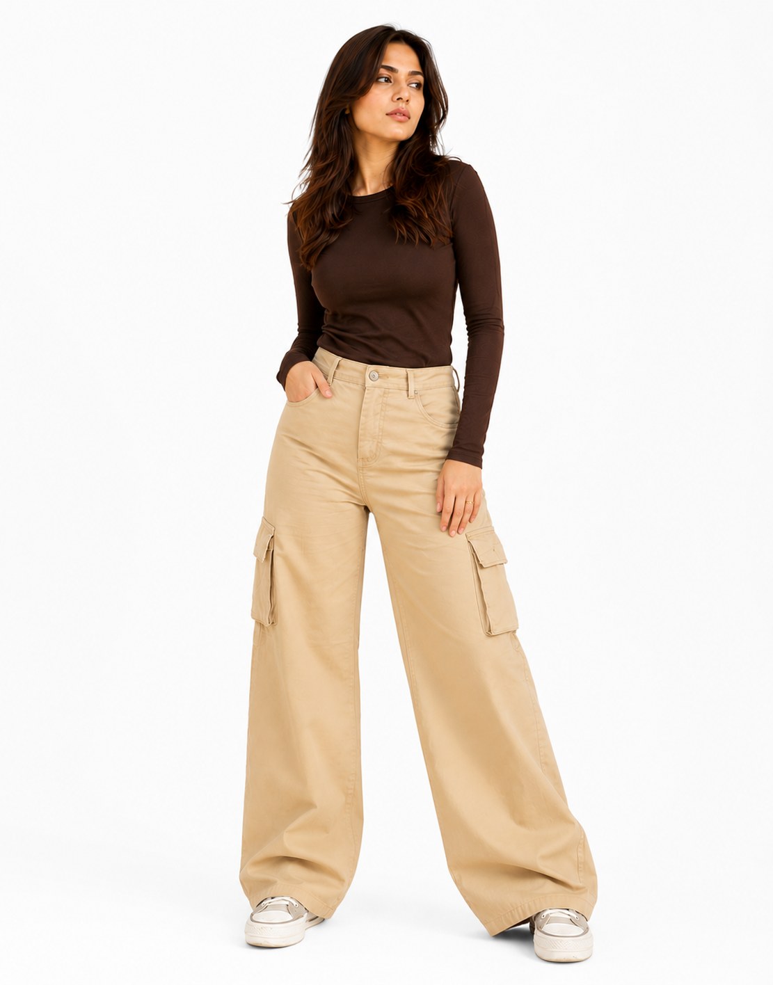 High Rise Wide Leg Cargo Twill Pants Beige