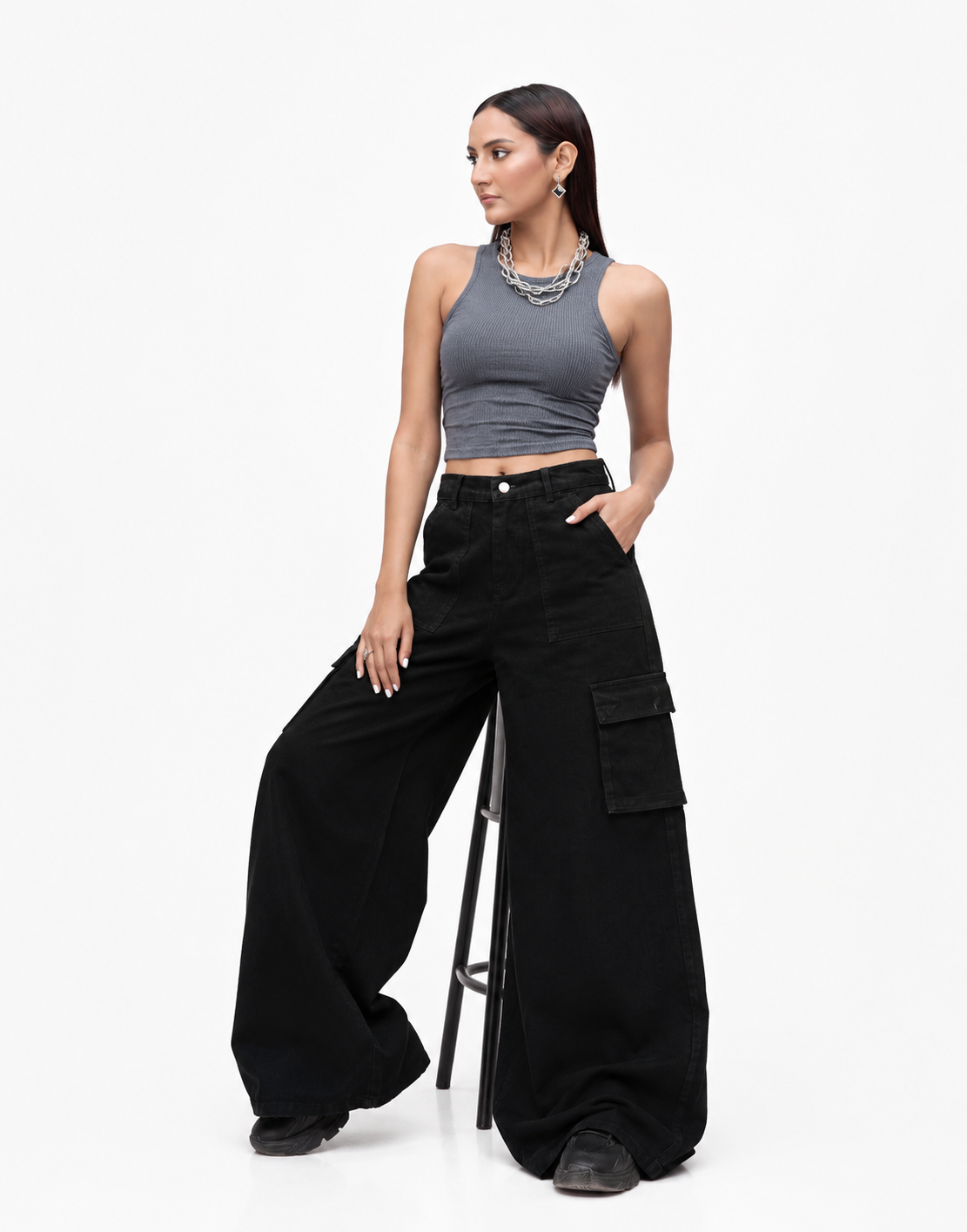 Wide Leg Flap Pocket Cargo Jeans Jet Black