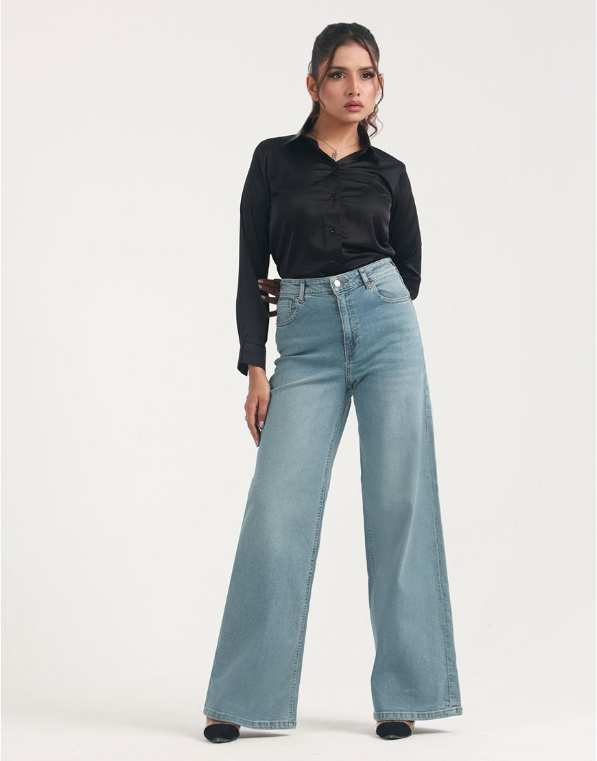 High Rise Wide Leg Faded Jeans Mid Wash