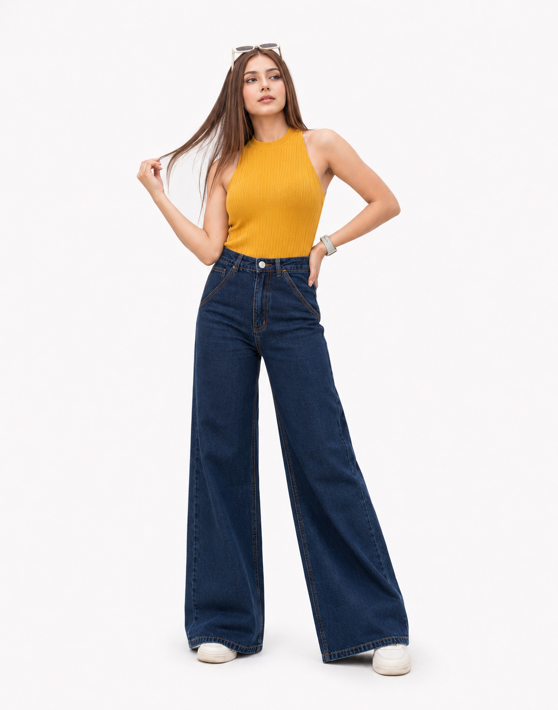 High Rise Wide Leg Cross Pocket Jeans Navy Blue