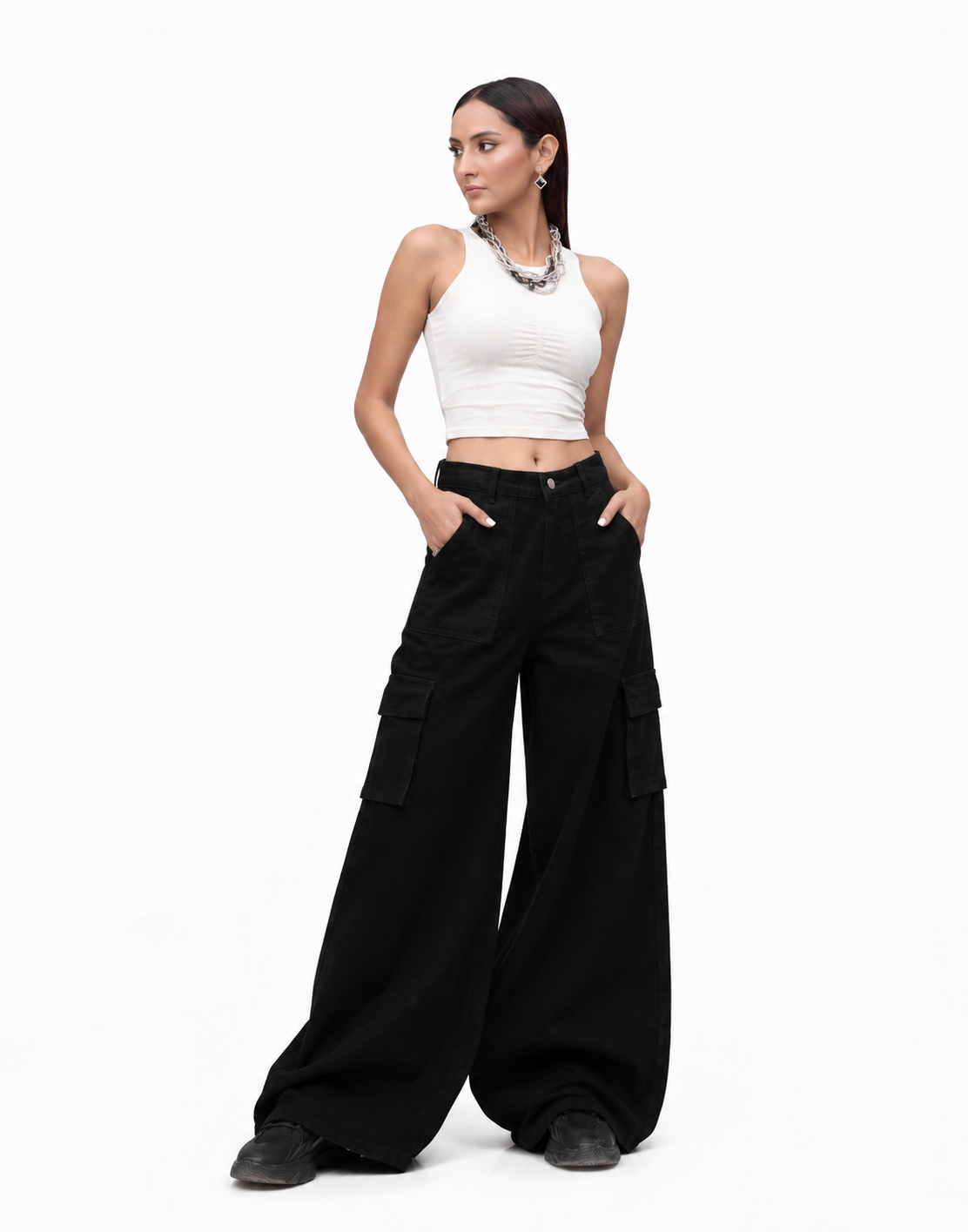 Wide Leg Flap Pocket Cargo Jeans Jet Black