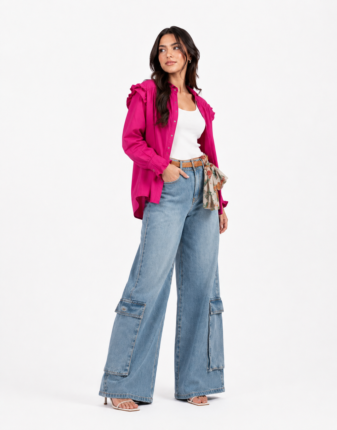 Super Wide Leg Cargo Jeans Mid Wash