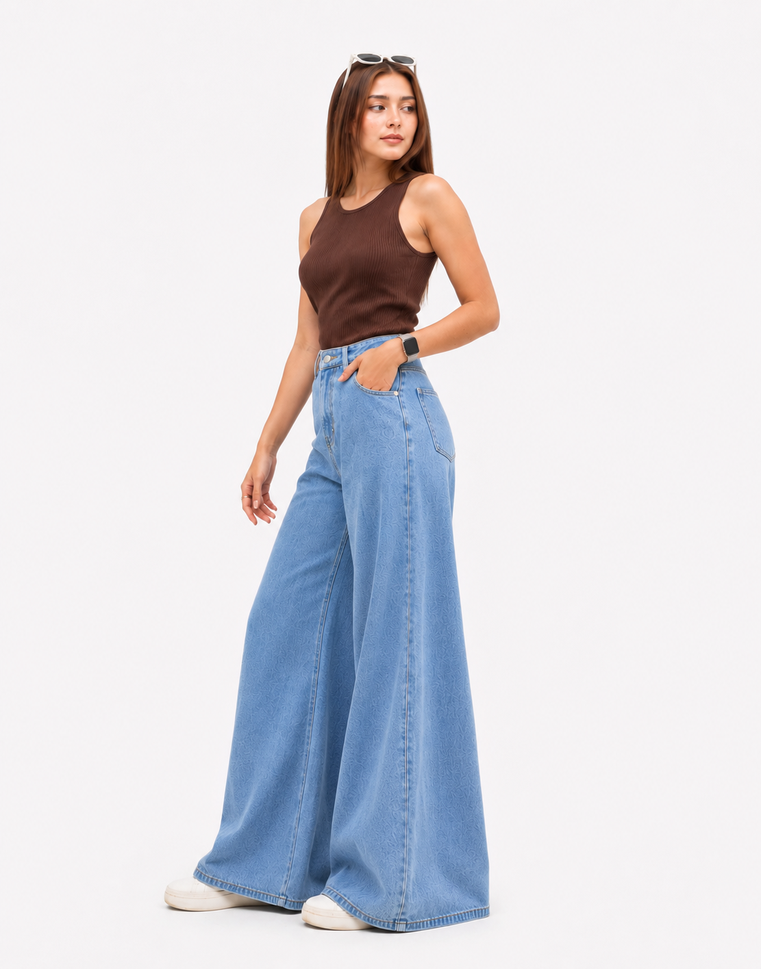 High Rise Wide Leg Cross Pocket Jeans Stone Blue